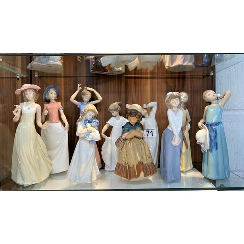 71 - Group of Llladro/Nao figures,  to include vintage sculpture of girl crossing arms carrying basket no... 