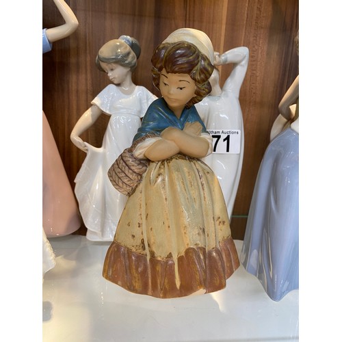 71 - Group of Llladro/Nao figures,  to include vintage sculpture of girl crossing arms carrying basket no... 