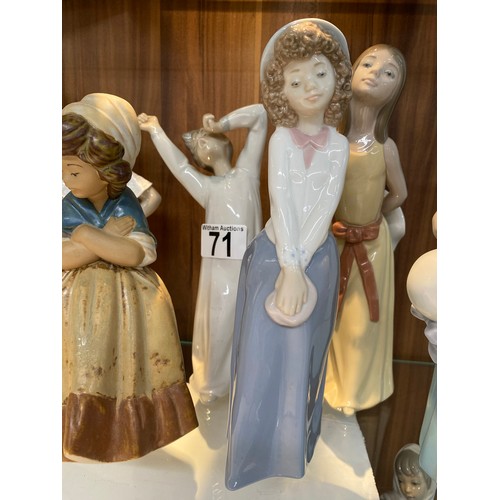 71 - Group of Llladro/Nao figures,  to include vintage sculpture of girl crossing arms carrying basket no... 