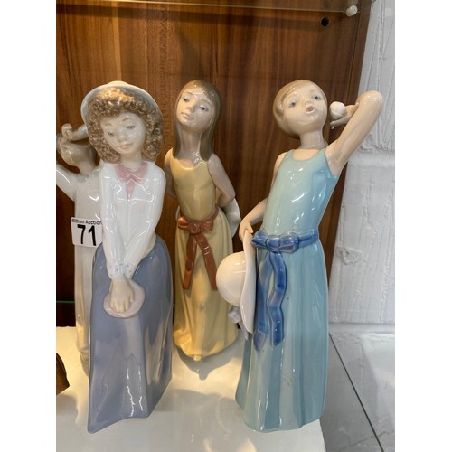 71 - Group of Llladro/Nao figures,  to include vintage sculpture of girl crossing arms carrying basket no... 