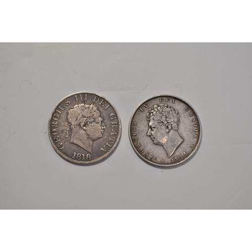 35 - 1825 George IV silver half crown, upside down reverse together with 1818 George III silver half crow... 