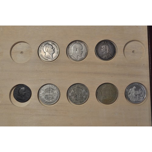 37 - A coin box with x8 coins, some silver coins including an 1837 William IV half crown