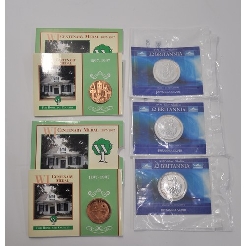 87 - X3 2002 silver bullion £2 Britannia coin together with X2 WI Cenetenary medals 1897-1997