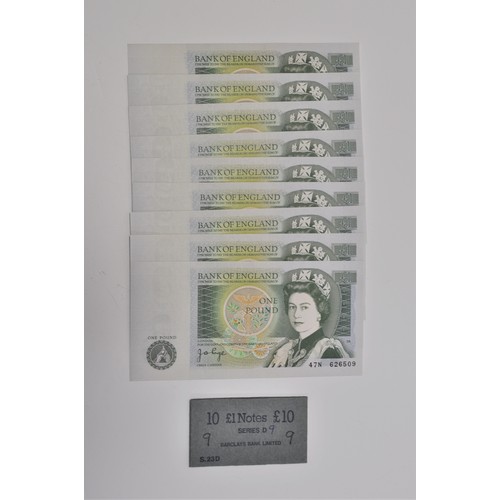 131 - x9 uncirculated consecutive £1 notes 47N 626508  - 47N 26516, Series D, Cashier J B Page