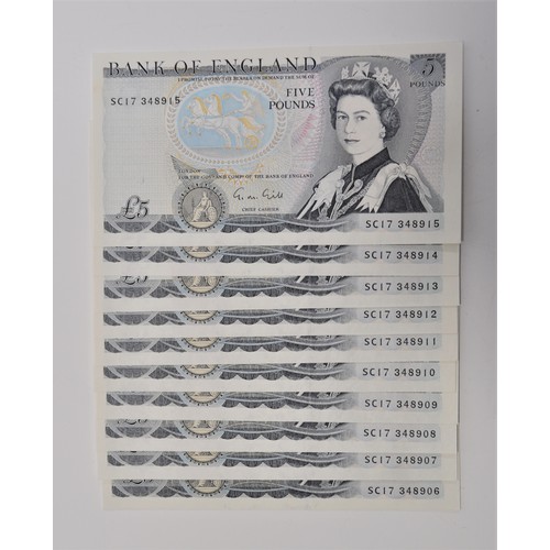 132 - x10 uncirculated consecutive £5 notes SC17 348906 - SC17 348915, Chief Cashier Gill