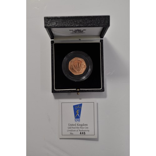 142 - Royal Mint Gold Proof Fifty Pence Coin, celebrating 50 years of the NHS, in box with certificate, 15... 