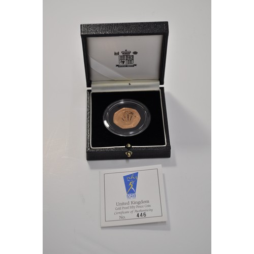 142 - Royal Mint Gold Proof Fifty Pence Coin, celebrating 50 years of the NHS, in box with certificate, 15... 