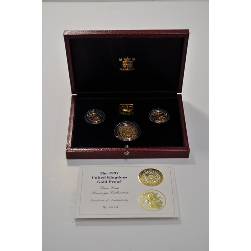 143 - Three Coin gold set 1997 (Two Pounds, Sovereign & Half Sovereign) in box with certificate, no. 604/1... 