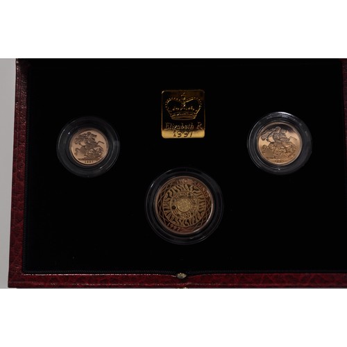 143 - Three Coin gold set 1997 (Two Pounds, Sovereign & Half Sovereign) in box with certificate, no. 604/1... 