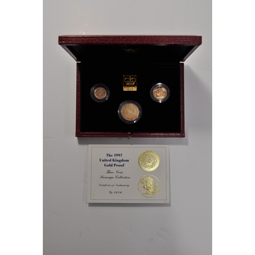 143 - Three Coin gold set 1997 (Two Pounds, Sovereign & Half Sovereign) in box with certificate, no. 604/1... 