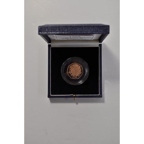 144 - Royal Mint, gold proof 50 pence coin, 25TH ANNIVERSARY EEC, 1998, with a certificate in a leather pr... 