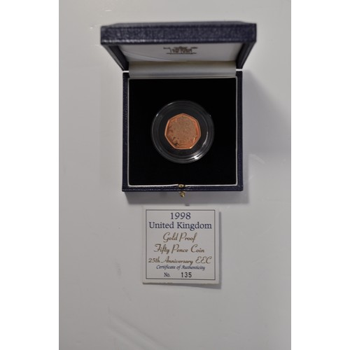 144 - Royal Mint, gold proof 50 pence coin, 25TH ANNIVERSARY EEC, 1998, with a certificate in a leather pr... 