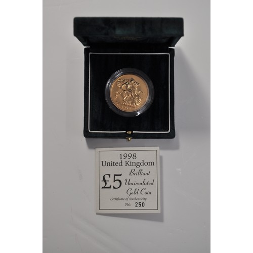 145 - Royal Mint 1998 brilliant uncirculated gold five pound coin, cased with certificate, no. 250/1000 ap... 