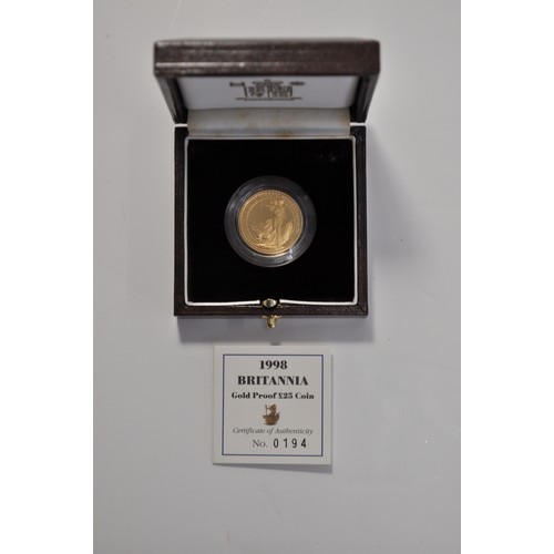 149 - Britannia Gold Proof £25 1998, diameter 22mm, weight 8.513g & containing a minimum of ¼oz .999 gold;... 