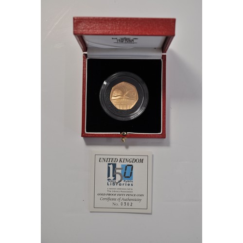 153 - United Kingdom 150 years of Public Libraries gold proof 50 pence coin, with a Certificate of Authent... 