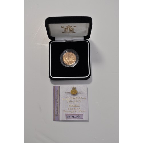 155 - Royal Mint Queen Elizabeth II Golden Jubilee Guernsey 22ct gold proof Twenty-Five Pound coin, in a b... 