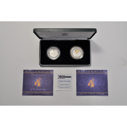 157 - Royal Mint Millennium silver proof celebration 1999 and 2000 silver crown set, denomination five pou... 