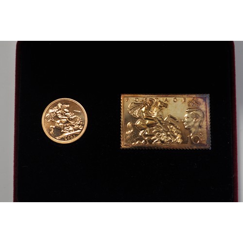 159 - Royal Mint 2001 gold bullion sovereign and a gilded stamp ingot, cased issued celebrating St George ... 