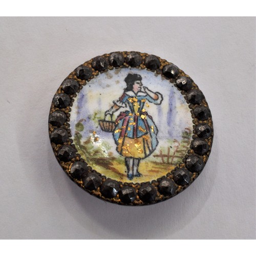 182 - Antique French buttons x2, polychrome painting on enamel with cut steels depicting a woman berry pic... 