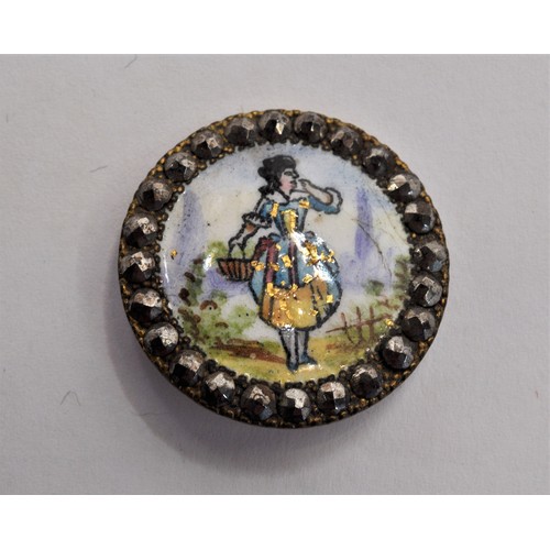 182 - Antique French buttons x2, polychrome painting on enamel with cut steels depicting a woman berry pic... 