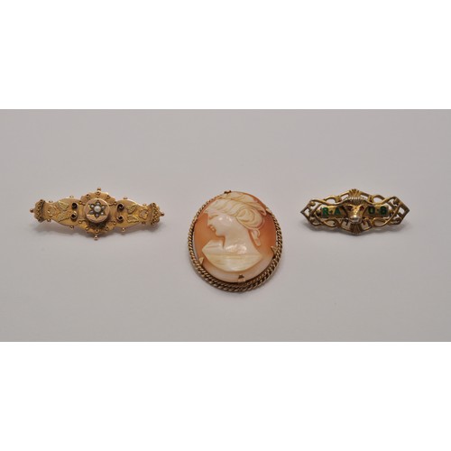 184 - A group of three vintage brooches. To include a cameo, R.A.O.B brooch, plus one other with seed pear... 