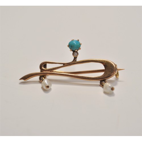 197 - 9ct gold sweetheart brooches consisting of a swirl design with seed pearls and turquoise and other v... 