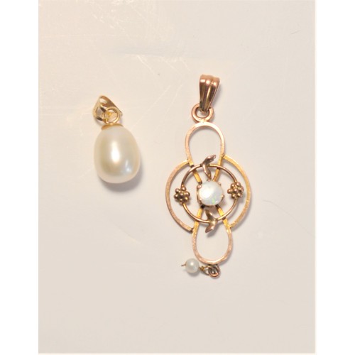 202 - Art nouveau style pendant with opal together with one other gold/pearl pendant.