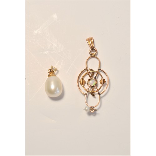 202 - Art nouveau style pendant with opal together with one other gold/pearl pendant.