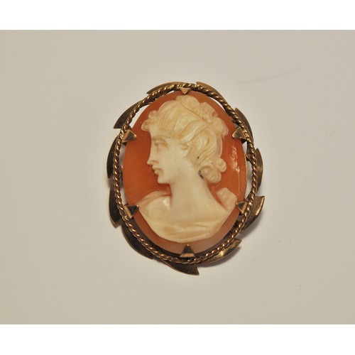 210 - 9ct yellow gold cameo brooch with safety chain, hallmarked Birmingham. Approx. gross weight 5g