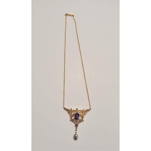 211 - Antique Edwardian pendant with chain, consisting of  amethysts and seed pearls, stamped 15ct gold, a... 