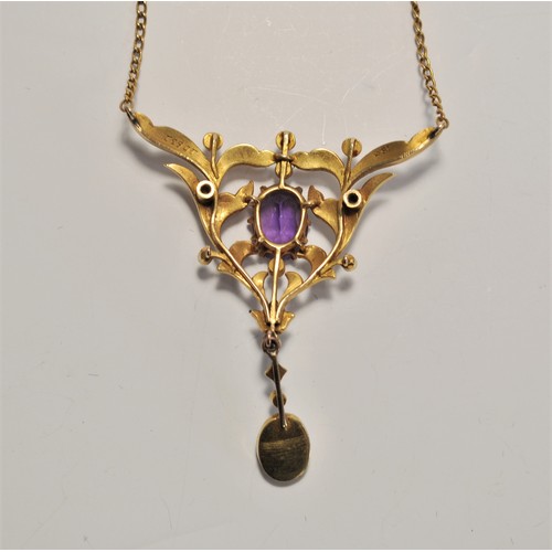 211 - Antique Edwardian pendant with chain, consisting of  amethysts and seed pearls, stamped 15ct gold, a... 