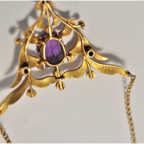 211 - Antique Edwardian pendant with chain, consisting of  amethysts and seed pearls, stamped 15ct gold, a... 