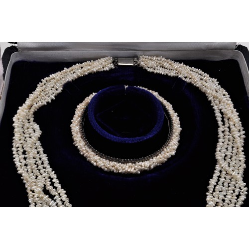 221 - Mangatrai pearl set consisting necklace, bracelet and earrings, in original presentation box