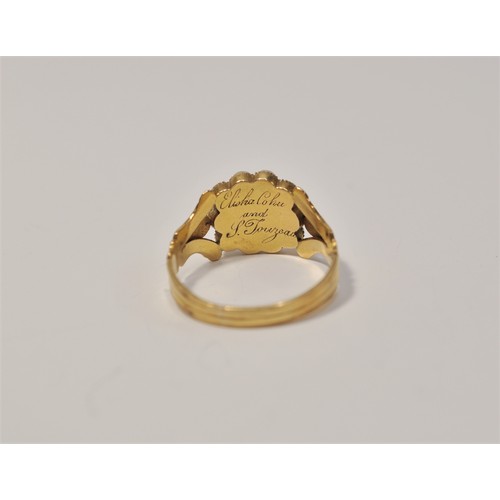 248 - Mourning jewellery - Antique gold ring with a personalised inscription to reverse. The central glaze... 