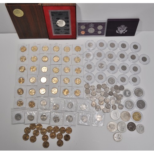 72 - American coinage interest including 1oz silver trade unit round coin together with one-dollar coins,... 