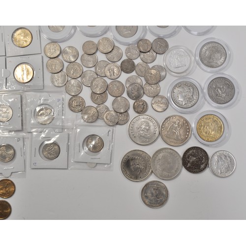 72 - American coinage interest including 1oz silver trade unit round coin together with one-dollar coins,... 