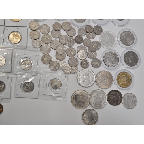 72 - American coinage interest including 1oz silver trade unit round coin together with one-dollar coins,... 