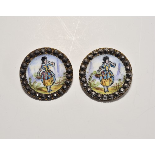 182 - Antique French buttons x2, polychrome painting on enamel with cut steels depicting a woman berry pic... 