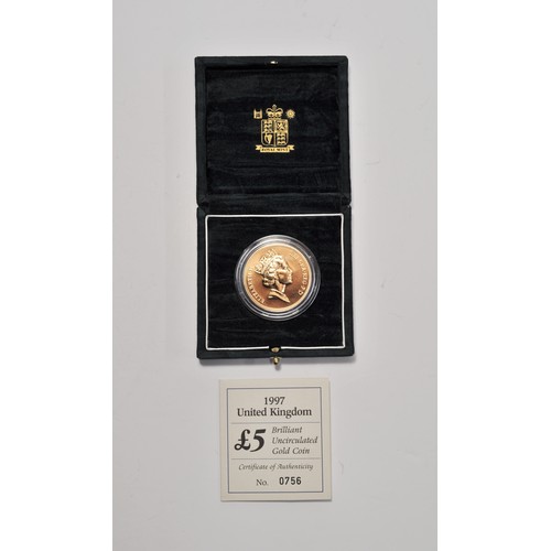 146 - Royal Mint 1997 brilliant uncirculated gold five pound coin, cased with certificate, no. 0756/1000 a... 