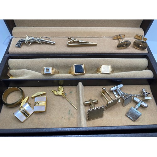 253 - Design Phillipe Jewellery box with contents;  x3 9ct gold rings A/F,  cufflinks inc. Tavannes Watch ... 