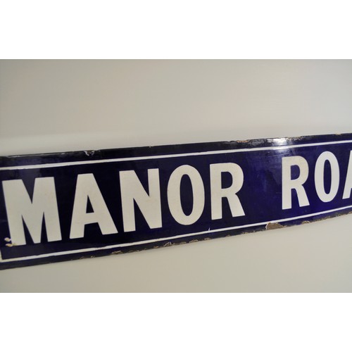 45 - Antique original 'Manor Road' blue enamel name plate, approx L87cm x H18cm