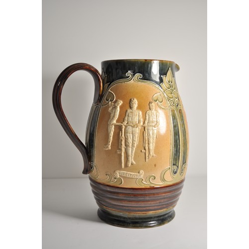 52 - A rare Royal Doulton Lambeth stoneware jug/pitcher with art nouveau design and three cycling scenes ... 