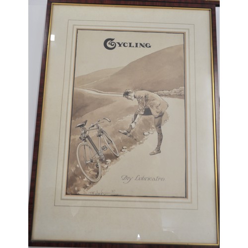 57 - Frank Patterson (English 1871-1952): Cycling related pen and ink drawings - x2 framed originals enti... 