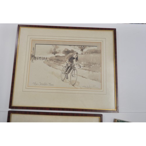 57 - Frank Patterson (English 1871-1952): Cycling related pen and ink drawings - x2 framed originals enti... 