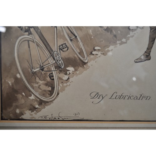 57 - Frank Patterson (English 1871-1952): Cycling related pen and ink drawings - x2 framed originals enti... 