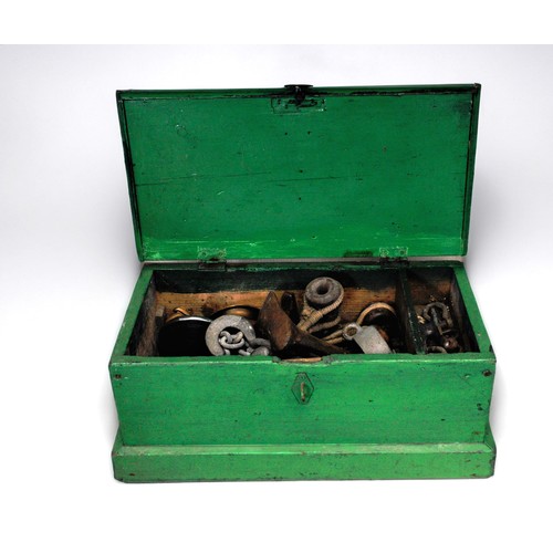 63 - Vintage wooden box containing an assortment of vintage decking and rigging fittings to include brass... 