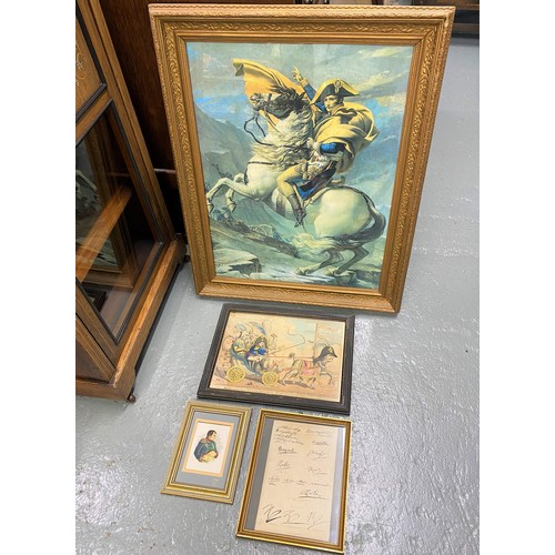 68 - Group of framed Napoleon related artworks to include hand coloured coloured print entitled 'Boney an... 