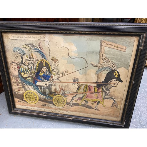 68 - Group of framed Napoleon related artworks to include hand coloured coloured print entitled 'Boney an... 