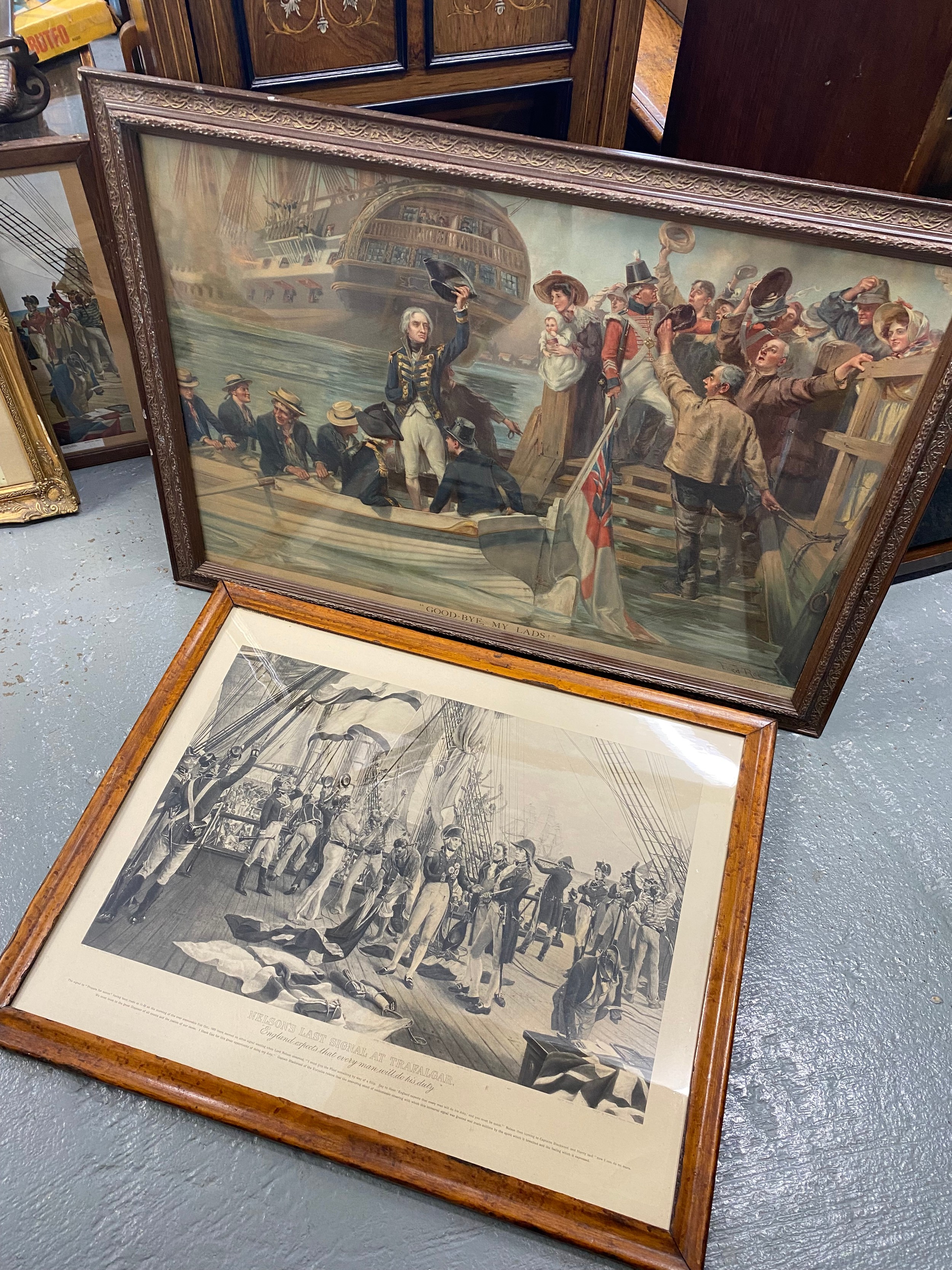 x2 framed prints, entitled 'Nelson's Last Signal at Trafalgar' and 'Goodbye  my Lads' by Fred Row