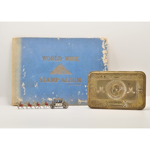 78 - WWI Queen Mary 1914 Christmas Tin together with metal coronation horses and carriage plus a album co... 